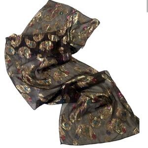 80’s Vintage Scarf Sheer Metallic Paisley Black/Gold w/ Multi Colored Accents
